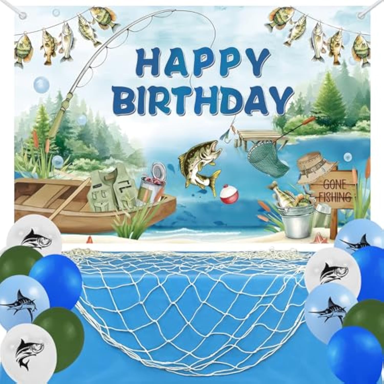 Gone Fishing Party Kit with Backdrop, Tablecloth, Balloons & Fish Net Decorations