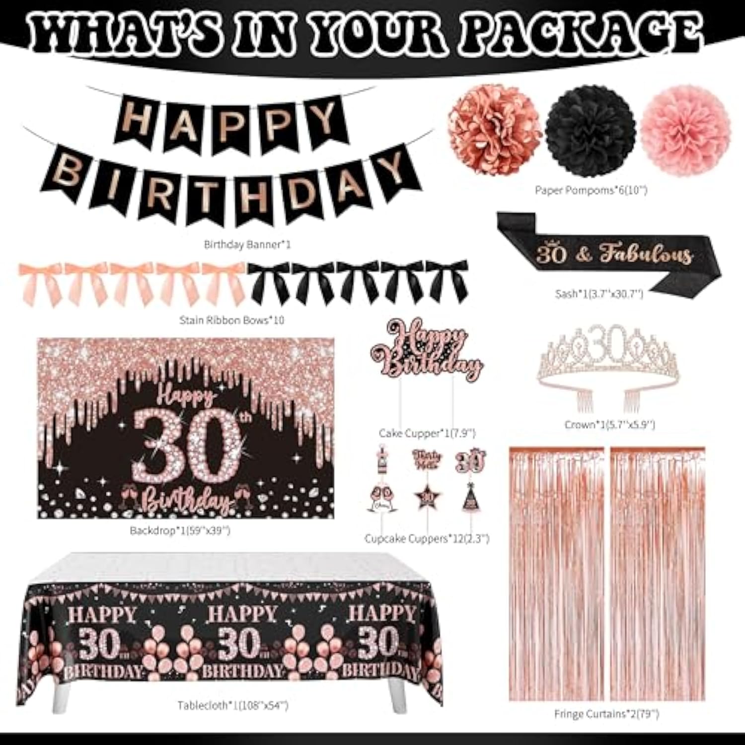 30Th Birthday Decorations For Her, Black Rose Gold Happy 30Th Birthday Backdrop Banner Sash Tiara Cake Topper Satin Ribbon Bows & Number 30 Balloon Arch Kit, Elegant 30 Birthday Decorations For Women