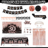30Th Birthday Decorations For Her, Black Rose Gold Happy 30Th Birthday Backdrop Banner Sash Tiara Cake Topper Satin Ribbon Bows & Number 30 Balloon Arch Kit, Elegant 30 Birthday Decorations For Women