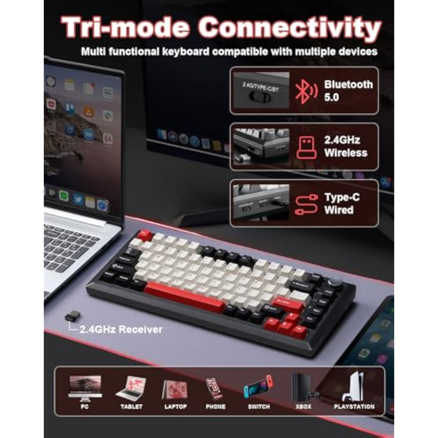 Y75 Wireless Mechanical Keyboard,75% Hot Swappable Custom Keyboard With Knob,Rgb Backlit, Pbt Keycaps,2.4Ghz/Usb-C/Bt5.0 Mechanical Gaming Keyboards(Black&Red,Milk Switch)