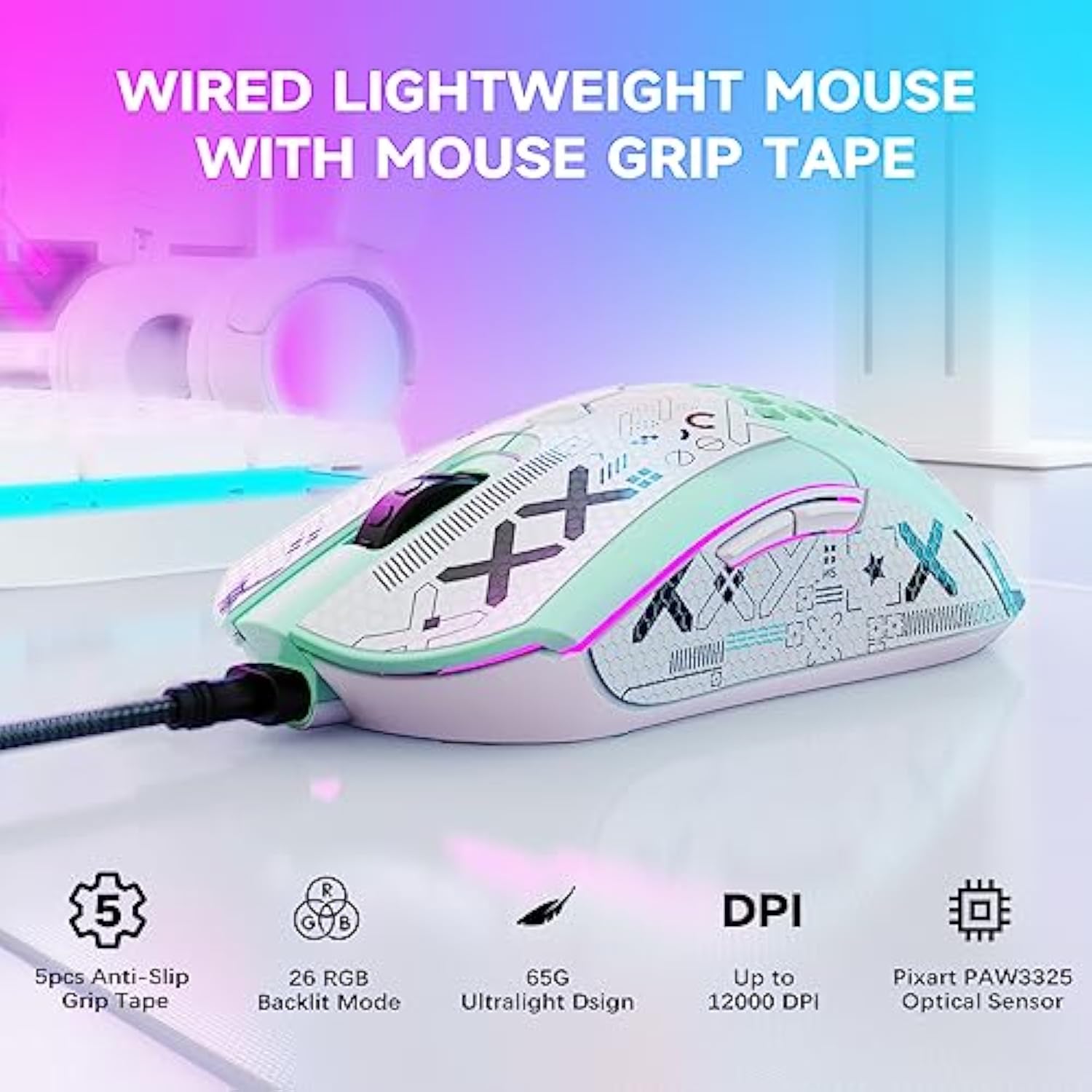 M5 Rgb Lightweight Wired Gaming Mouse With 12000 Dpi 6 Programmed Buttons,65G Honeycomb Shell,Ultralight Ultraweave Cable,Pixart 3325 Optical Sensor Gamer Mice(Green)