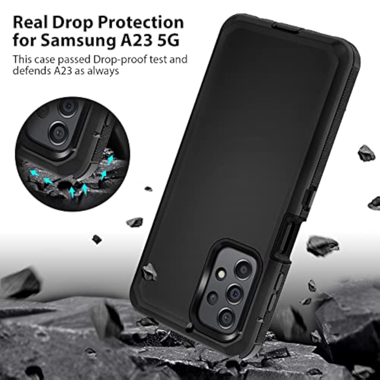 For Samsung A23 Case, [Shockproof] [Anti-Dust] [Heavy Duty Protection] Tough Rugged Dual Layer Raised Edge Outdoor Protective Hybrid Phone Case For Samsung Galaxy A23 5G 2022 (Not For Uw) Black