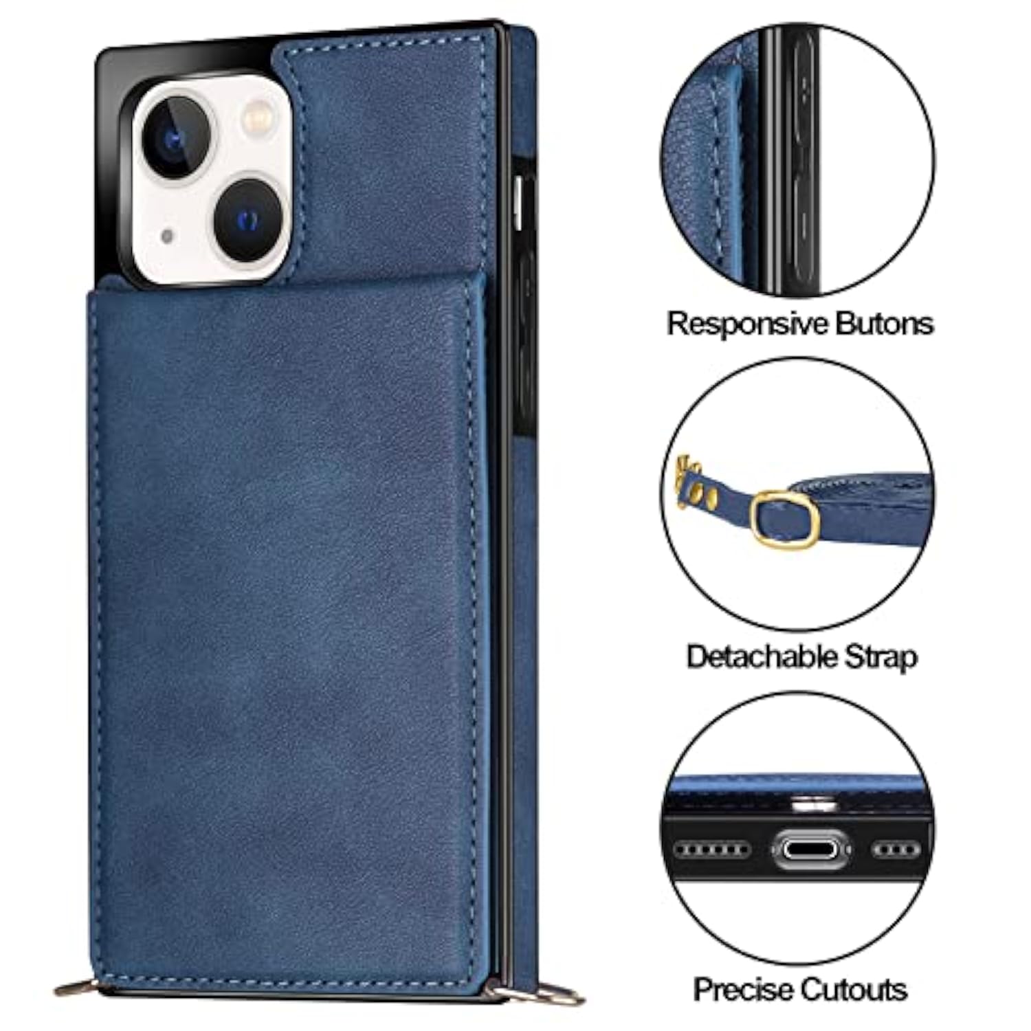 For Iphone 13 Wallet Case With Credit Card Holder Lanyard Crossbody Strap Leather Magnetic Clasp Kickstand Heavy Duty Protective Flip Cover For Iphone 13 6.1 Inch Navy