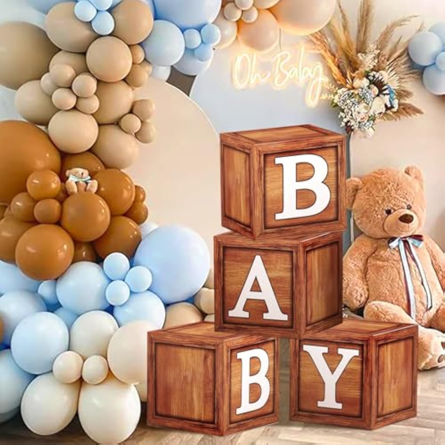 117pcs Teddy Bear Baby Shower Decor Blue Brown Balloon Garland & Backdrop Kit