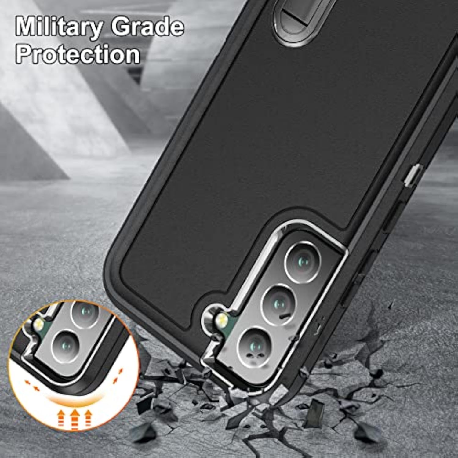Samsung Galaxy S22 Plus 3-Layer Military Grade Protective Case Cover with Kickstand, Black and Black