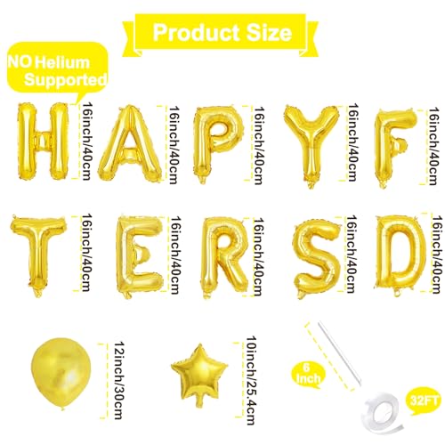 16 Inches HAPPY FATHER'S DAY Letter Balloon Banner with Star and Latex Balloons - Mylar Foil Alphabet Balloons Sign for Father's Day Dad Party Decorations, Family Gathering Supplies (Gold)