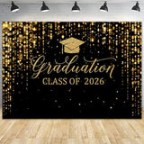 8x6ft Polyester Black Congrats Graduation Backdrop Class of 2026 Photography Background Gold Bachelor Cap Celebration Party Decorations Banner Picture Photo Booth