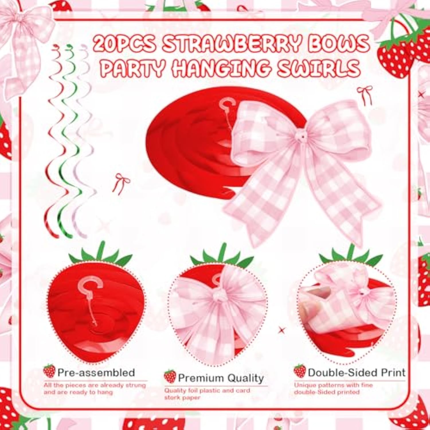 Pink Bow Strawberry Party Hanging Swirls Decorations, Berry Sweet Strawberry Theme Party Foil Ceiling Swirl For Summer Fruit Berry First 1St Birthday Girl Berry Sweet Baby Shower Wedding Bridal Shower