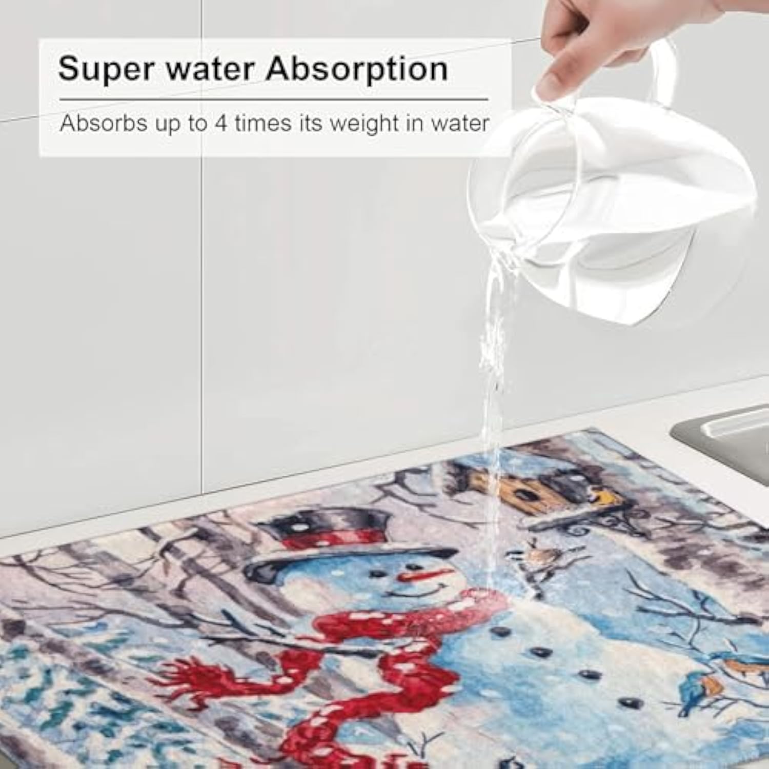 Merry Christmas Snowman Dish Drying Mat 18"X24" For Kitchen Counter, Absorbent Microfiber Dishes Draining Pad Rack Mats Fast Dry Kitchen Accessories