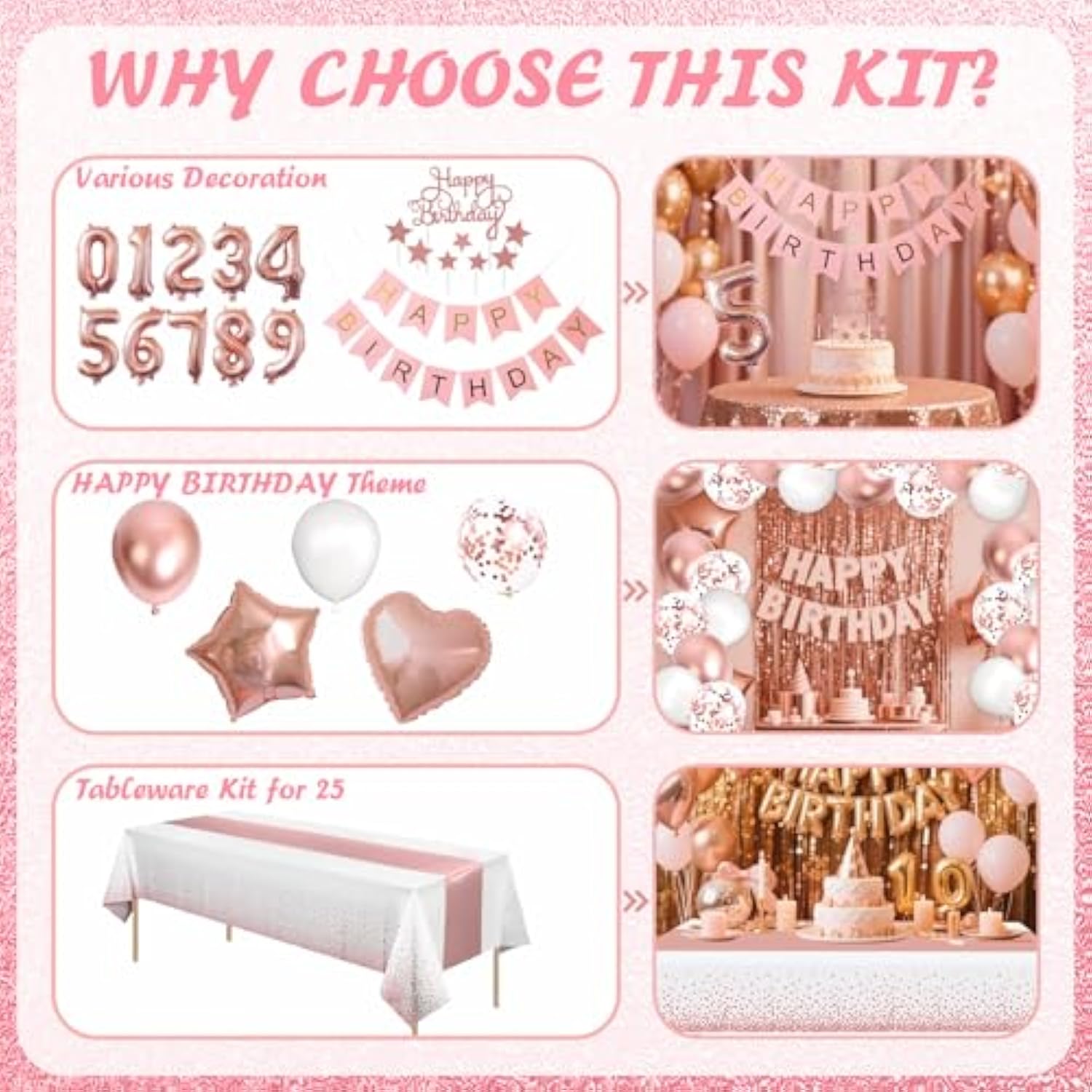 285Pcs Party Supplies Rose Gold Birthday Decorations For Girls And Women, Diy Number Ballons, Fringe Curtain, Tablecloth, Polka Dot Napkins Straws For 25 Guests