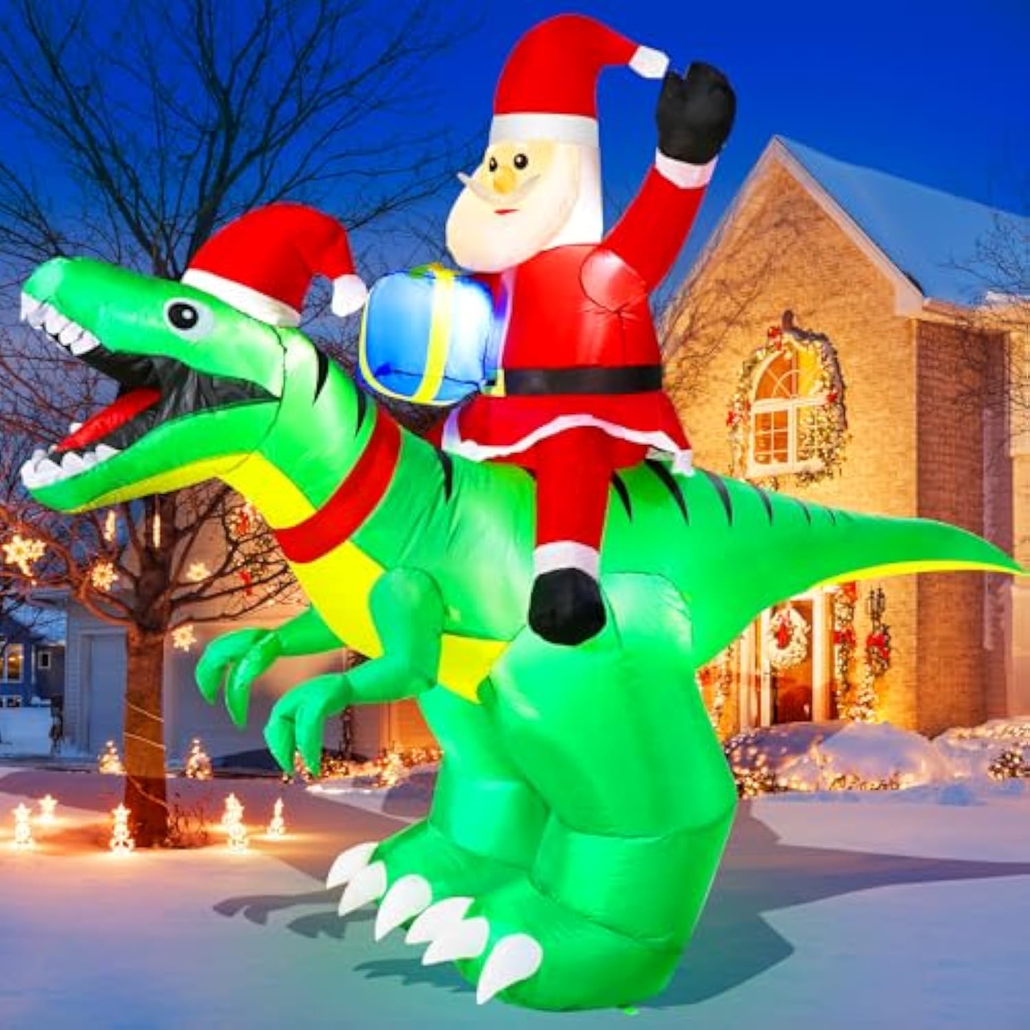 9X7Ft Christmas Inflatables Santa Ride On Dinosaur With Led Outdoor Christmas Dinosaur Inflatable Blow Up Yard Decoratio