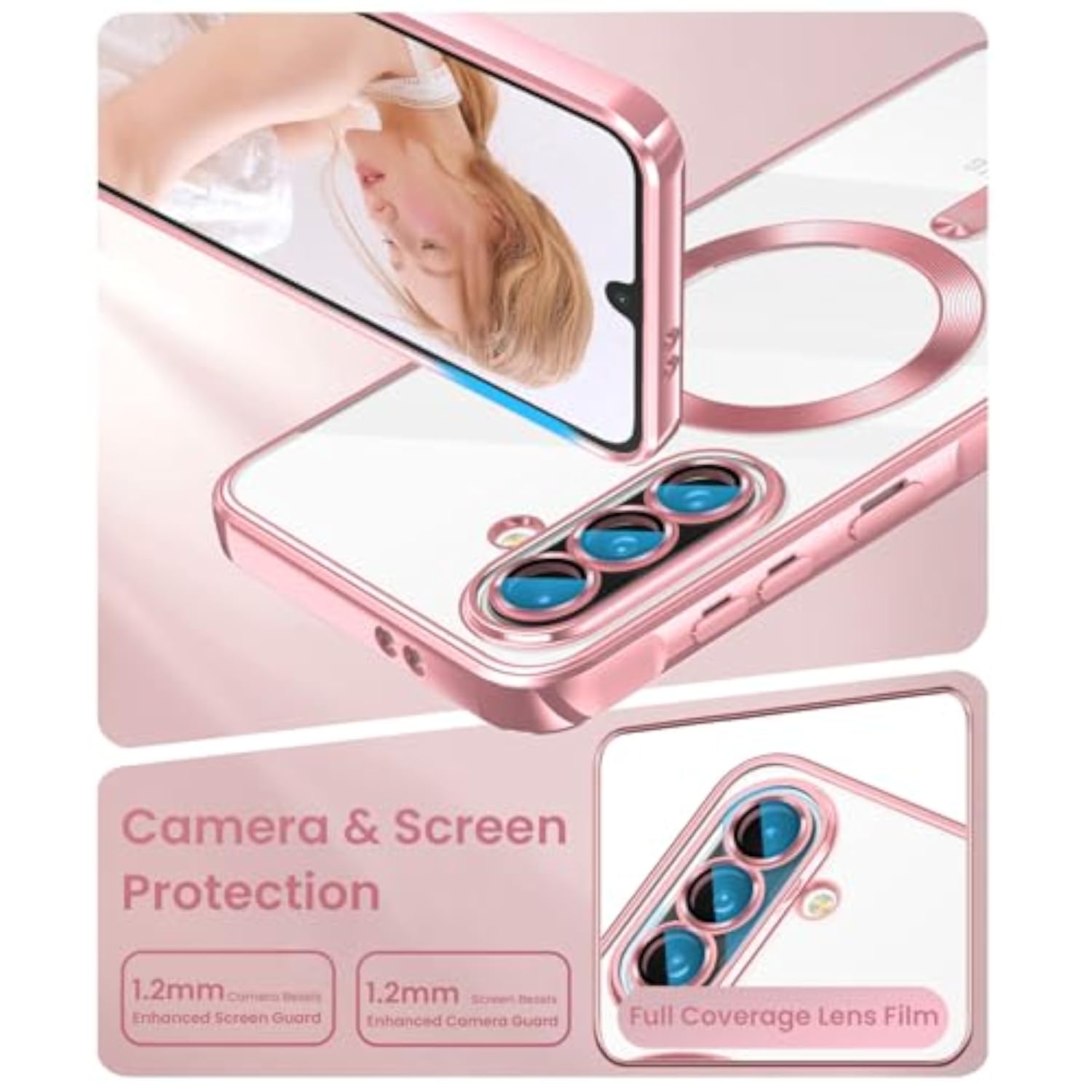 Magnetic Plated Gold Clear TPU Case for Samsung Galaxy A37 - Pink