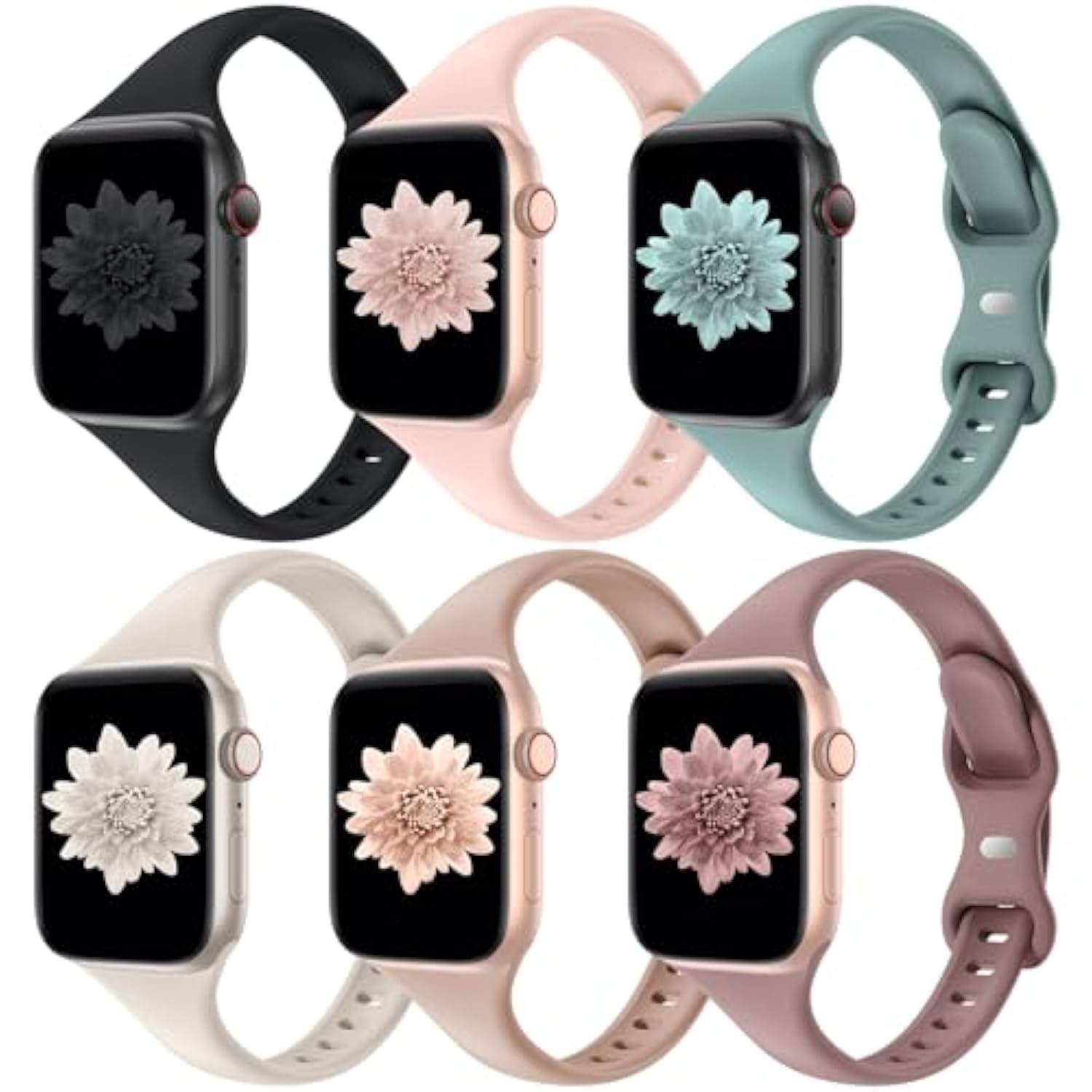 6-Pack Slim Silicone Bands for Apple Watch Series 1-10, Men & Women