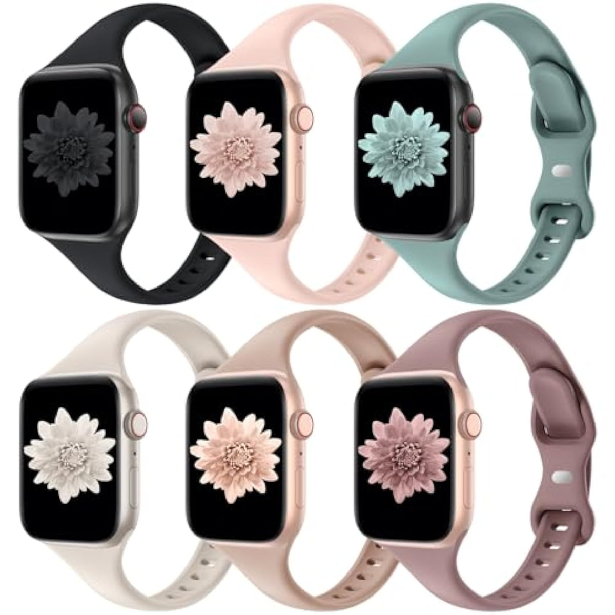 6-Pack Slim Silicone Bands for Apple Watch Series 1-10, Men & Women