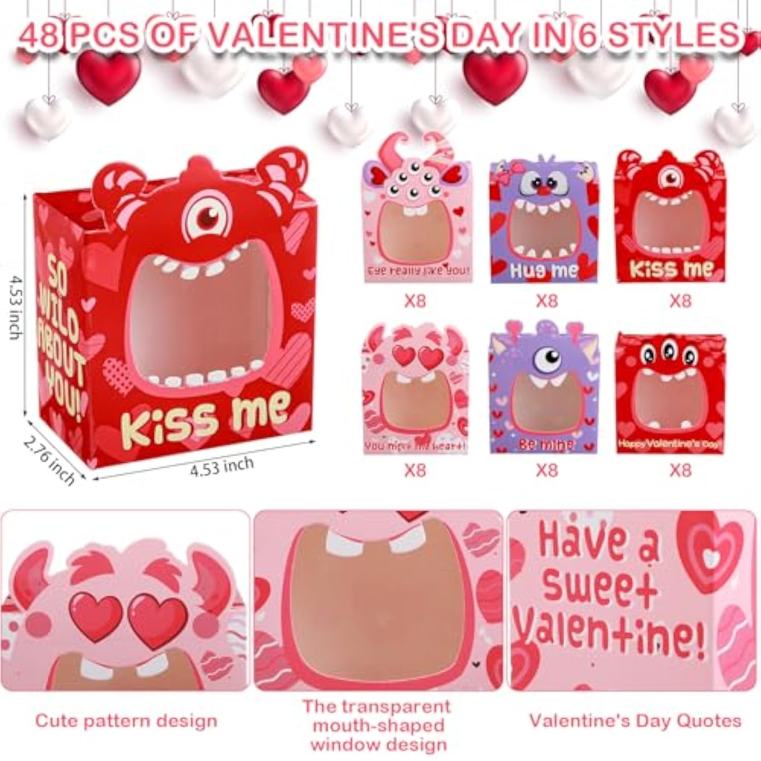 48 Pcs Valentine‘S Day Bakery Treat Boxes With Pvc Window Monster Valentines Cookie Cupcake Boxes For Wedding Sweet Day School Classroom Prize Party Favors Supplies