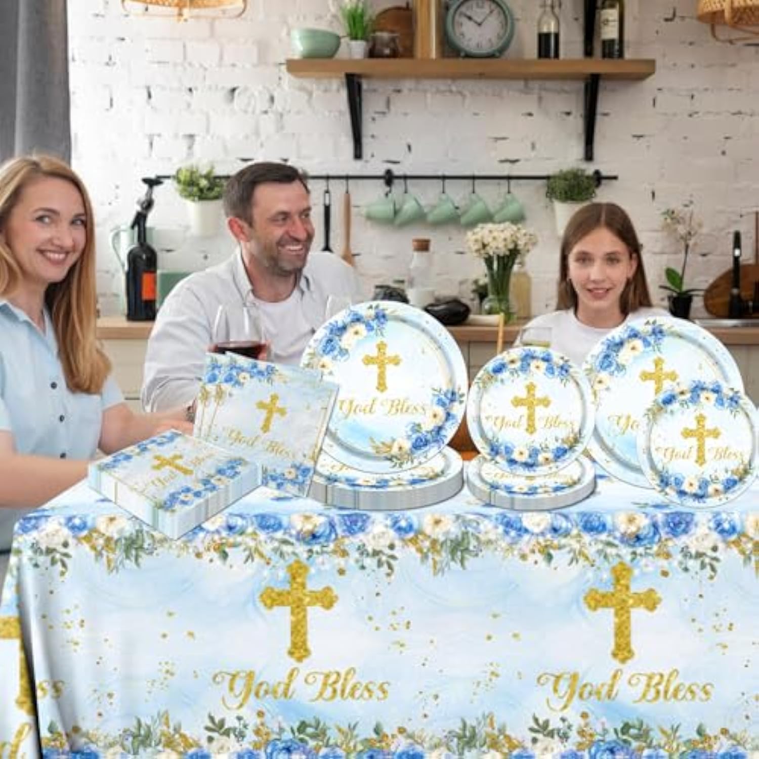 God Bless Plates And Napkins Baptism First Holy Communion Party Tableware Decorations For Boy Christening Ceremony Newborn Theme Disposable Plates,Tablecloth,Napkins And Forks
