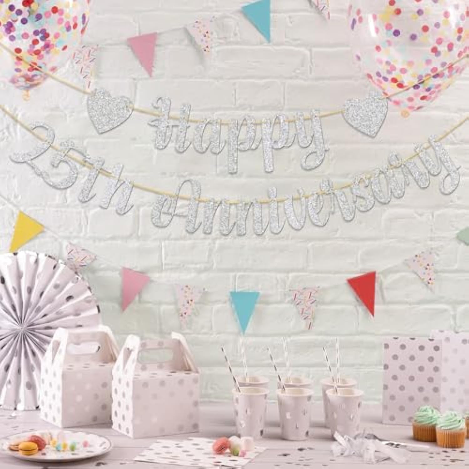 Happy 25Th Anniversary Banner, 25Th Wedding Anniversary, 25Th Birthday,25 Years Loved Party Decorations, Silver Glitter