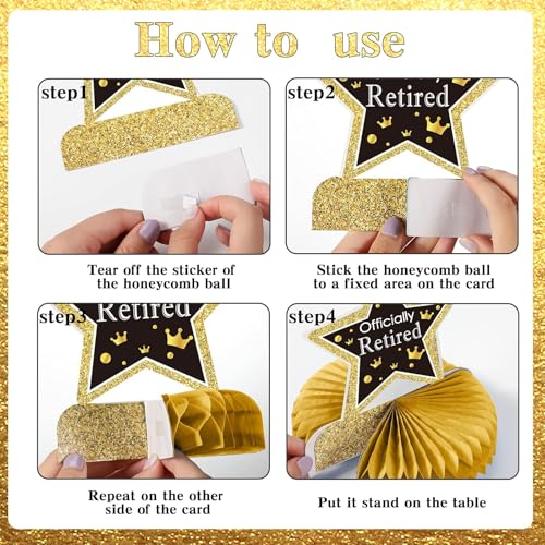 9PCS Retirement Party Decorations Gold Retirement Party Centerpiece Honeycomb Glitter Table Decorations Toppers for Happy Retirement Party Supplies Man and Women