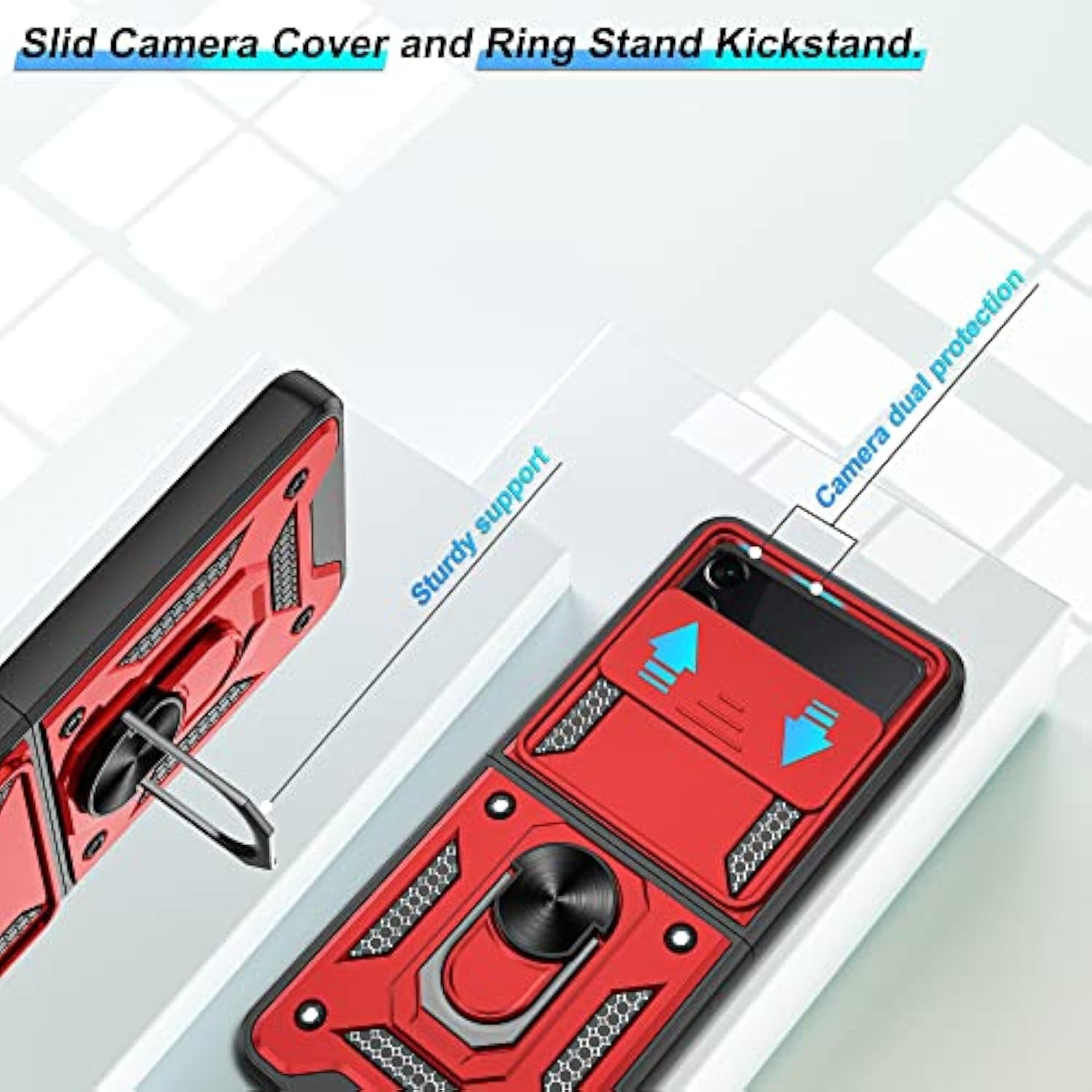 For Samsung Galaxy Z Flip 4 Case With Slide Camera Cover, 360°Rotation Ring Kickstand [Military Grade] Case For Samsung Galaxy Z Flip 4,Red