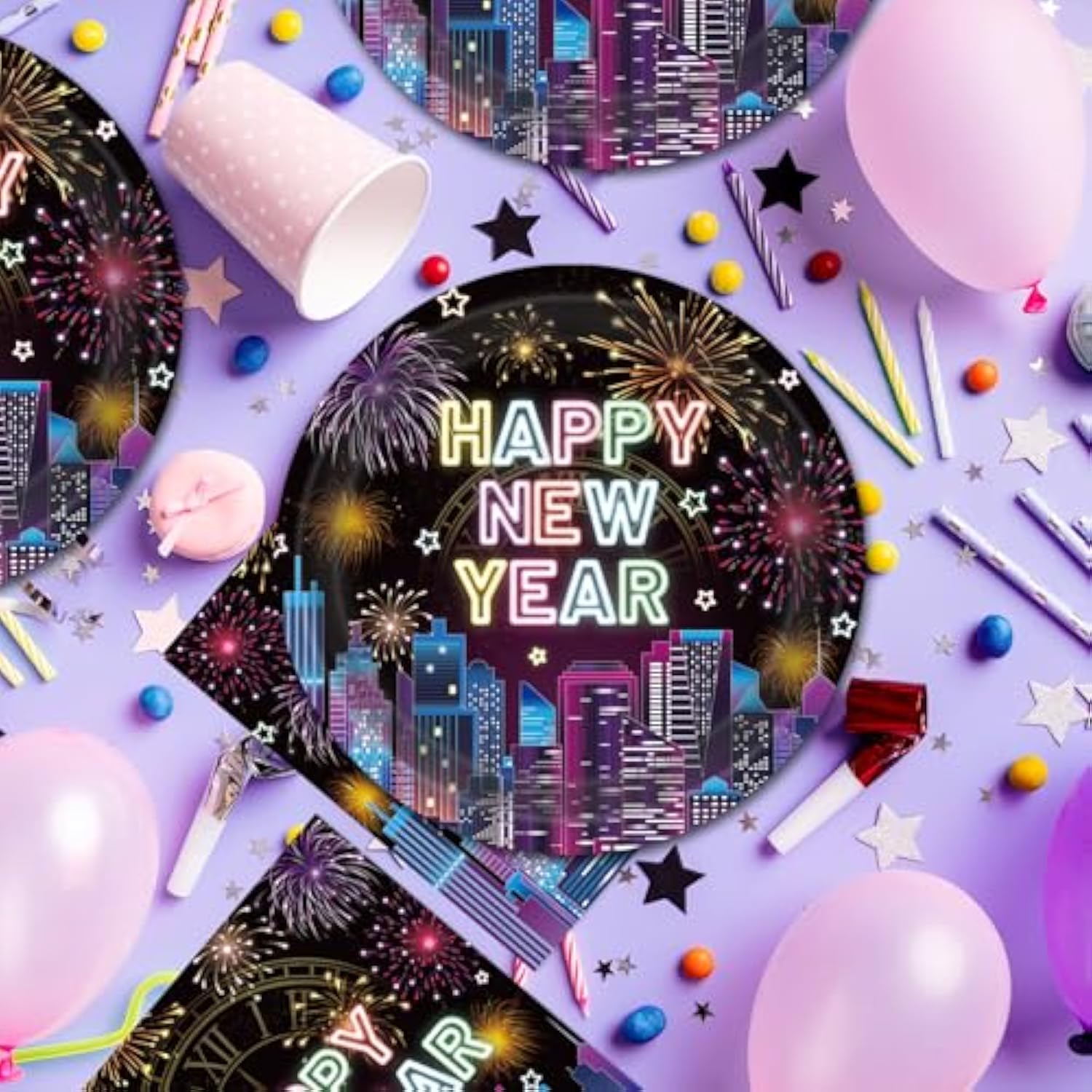 New Years Plates And Napkins, 20 Piece 9 Inch Round Happy New Year Paper Plates & 20 Matching Square Napkins, New Years Eve Party Supplies For Celebrations