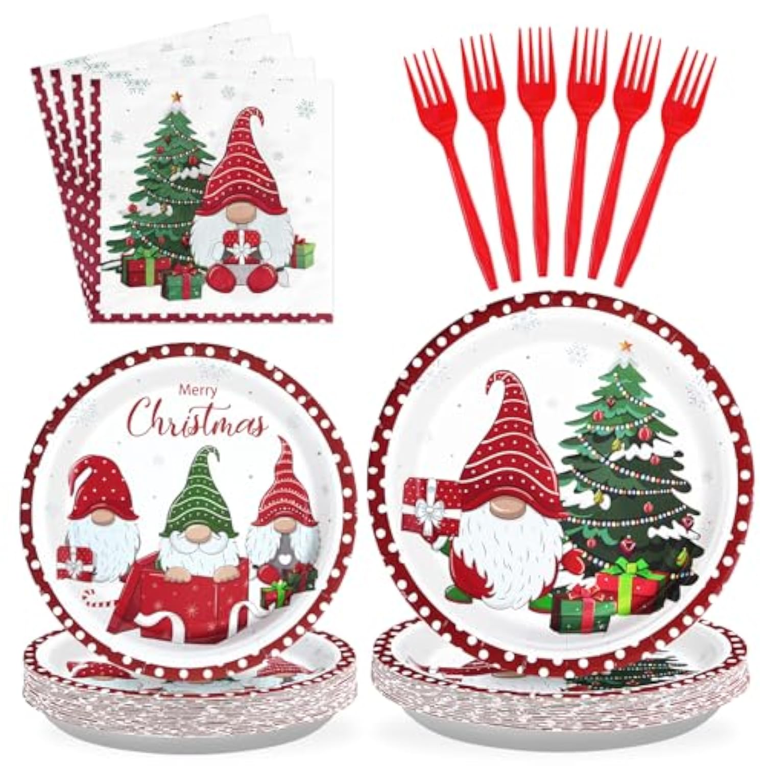 96Pcs Christmas Gnomes Party Supplies - 350 Gsm Disposable Tree Gnome Plates And Napkins Tableware Sets For Merry Birthday Party Decorations, Winter Holiday, Xmas - Serves 24