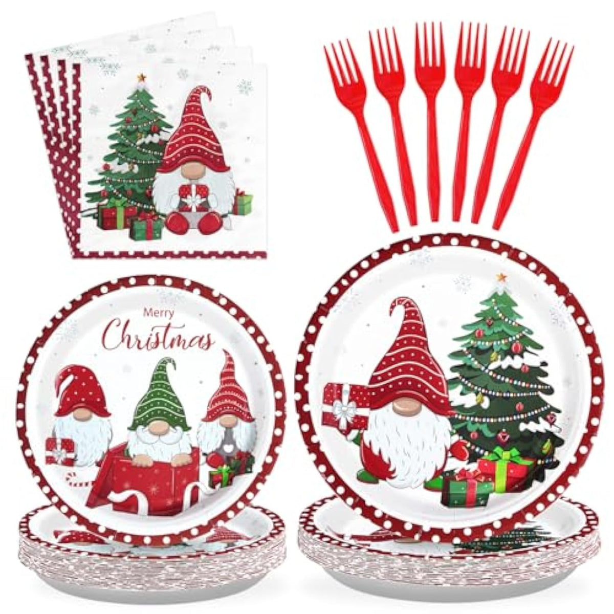 96Pcs Christmas Gnomes Party Supplies - 350 Gsm Disposable Tree Gnome Plates And Napkins Tableware Sets For Merry Birthday Party Decorations, Winter Holiday, Xmas - Serves 24