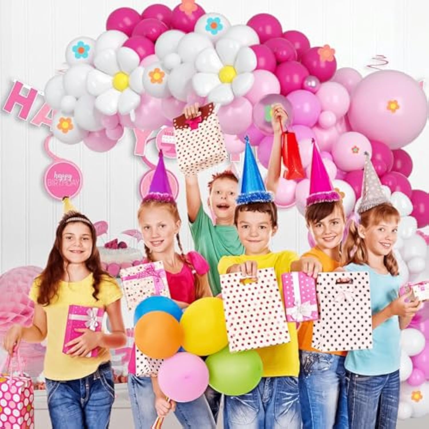 Hot Pink Balloons Arch Kit,Pink White Daisy Flower Garland With Metallic Red Balloons For Birthday Party Baby Shower Baptism Bridal Engagement Wedding Decorations