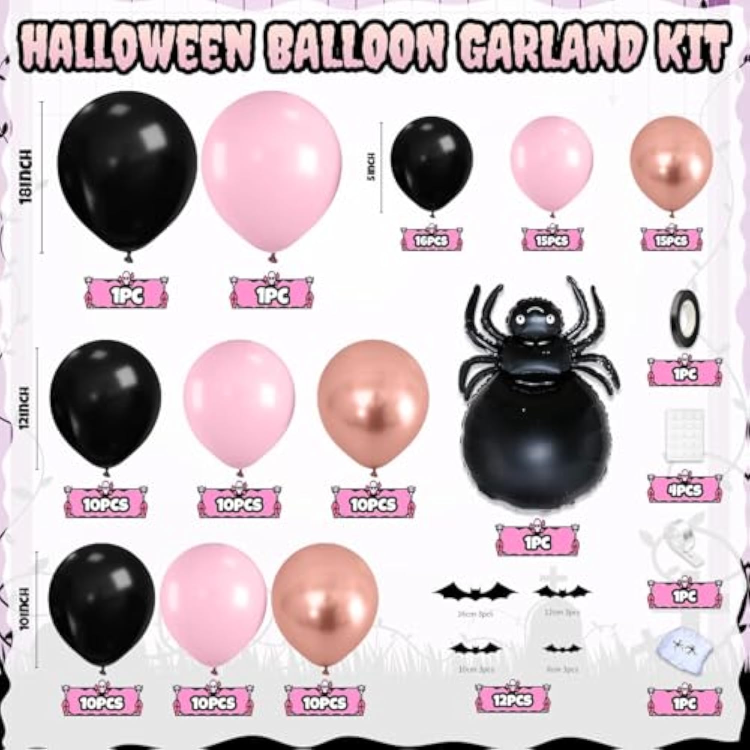 Halloween Balloon Arch Kit – Black Pink Rose Gold with Spider & Bat Decorations