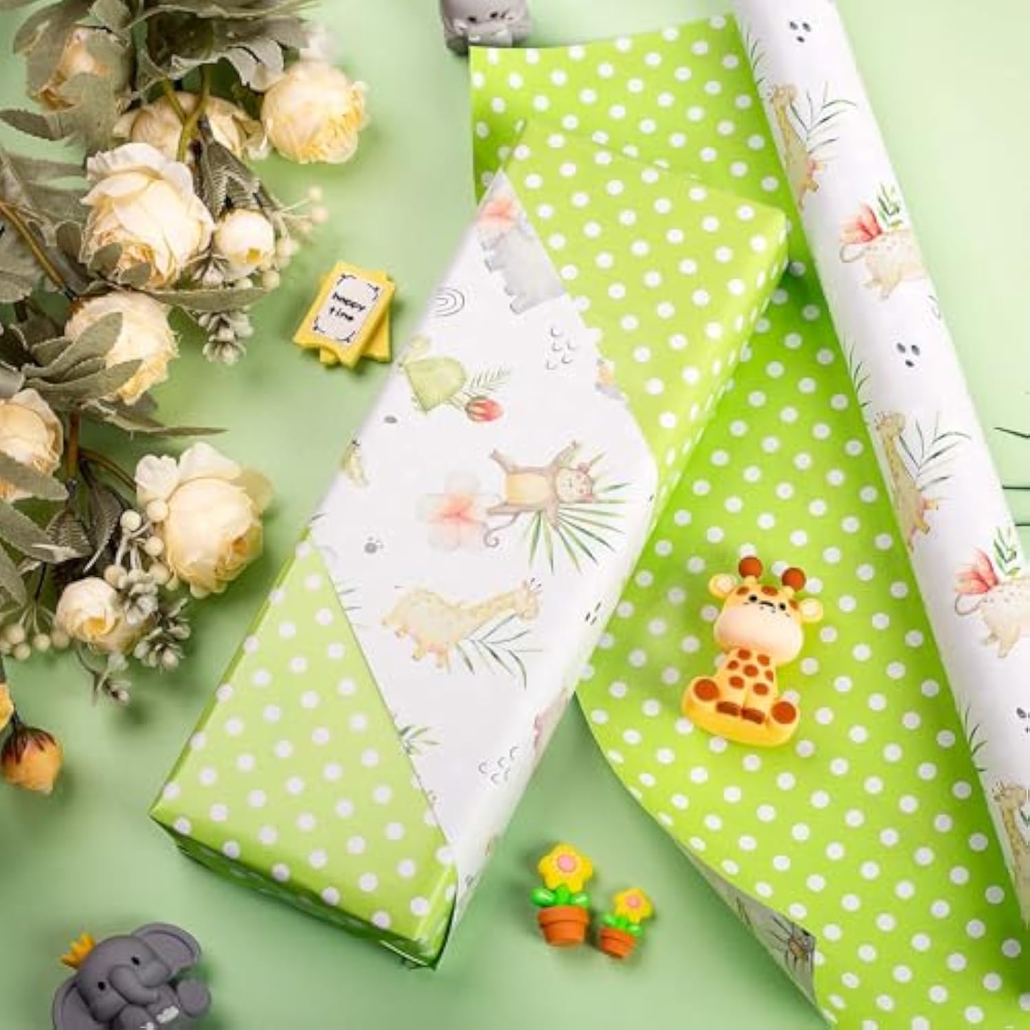 Animal Wrapping Paper, Reversible Dot Design Gift Wrap For Baby Shower, Birthday, Valentines, Mothers Day, Graduation, Wedding, Fathers Day, Christmas (17 Inch X 32.8 Feet)