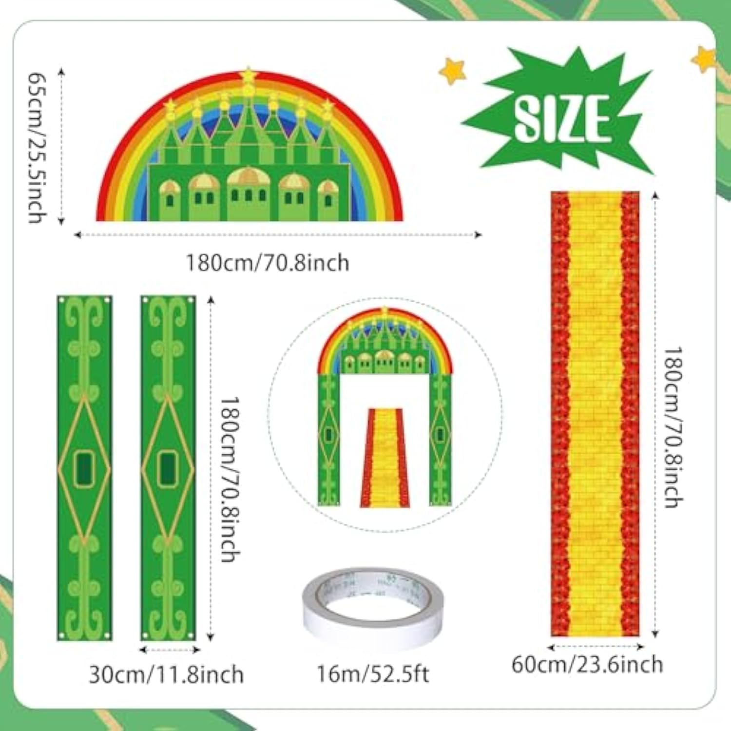 4-piece emerald green castle banner with yellow brick runner for party decor