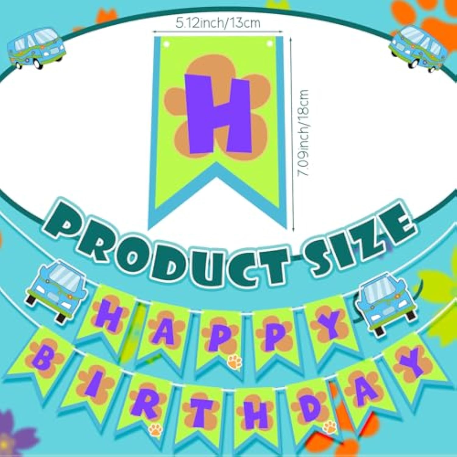 Car & Dog Cartoon Hippie Birthday Banner for Kids’ Blue/Green Party Decor