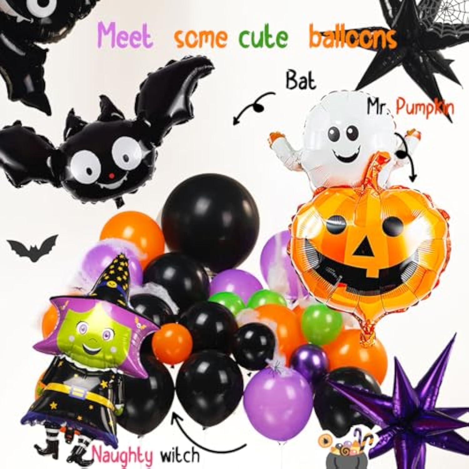 170pcs Halloween Balloon Arch Kit with Spider Bat Pumpkin Foil Party Decorations