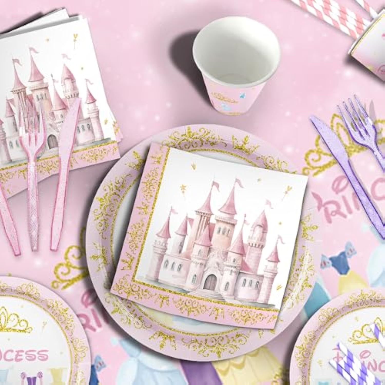 Magical Princess Party Decorations Kit Serves 20 Guests - 161Pc Pink Princess Theme Plates, Cutlery, Cups & Shimmer Tablecloths For Birthdays, Baby Showers & Celebrations! Instant Kids ’Party Setup