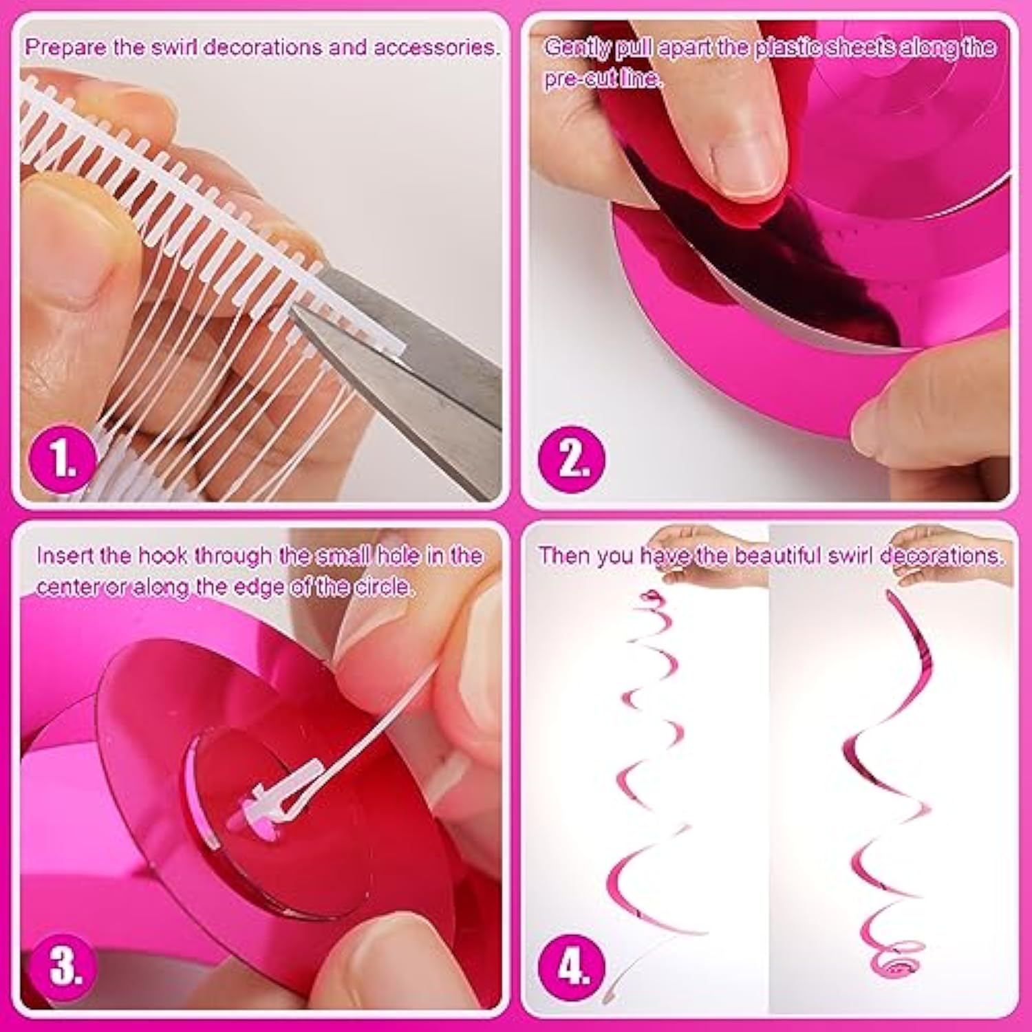 30 Pcs Party Swirl Decorations Hot Pink Shinny Foil Hanging Swirl Decorations With Double-Swirls And Single-Swirls Plastic Streamer For Ceiling Plastic Metallic Streamer For Party Decorations