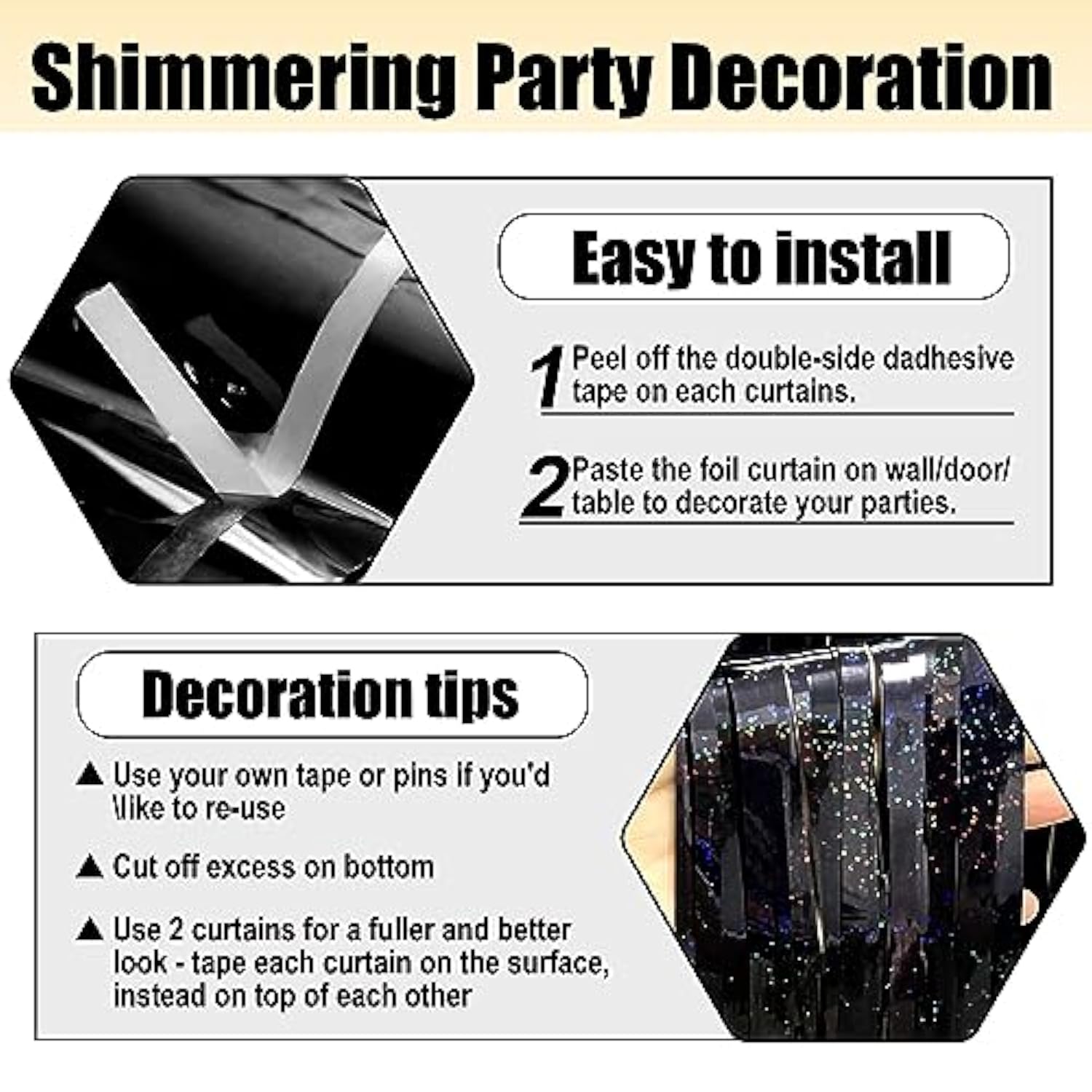 3 Pack Black Foil Fringe Curtains 3.28x8.2ft Backdrop Metallic Tinsel Party Decor