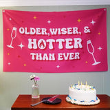 Funny Happy Birthday Banner 60" X 33" – Hilarious Party Decoration For Adults, Gag Gift Décor For Him Or Her – Sarcastic, Bold & Reusable Sign -Older, Wiser, Hotter
