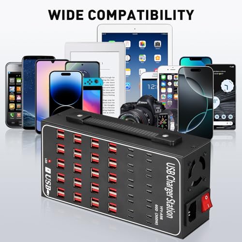 Multiple USB Charging Station 60 Port (40 USB A & 20 USB~C Port), 300W(60A) Fast Charger Station with Power Switch, Desktop USB~C Charger Block