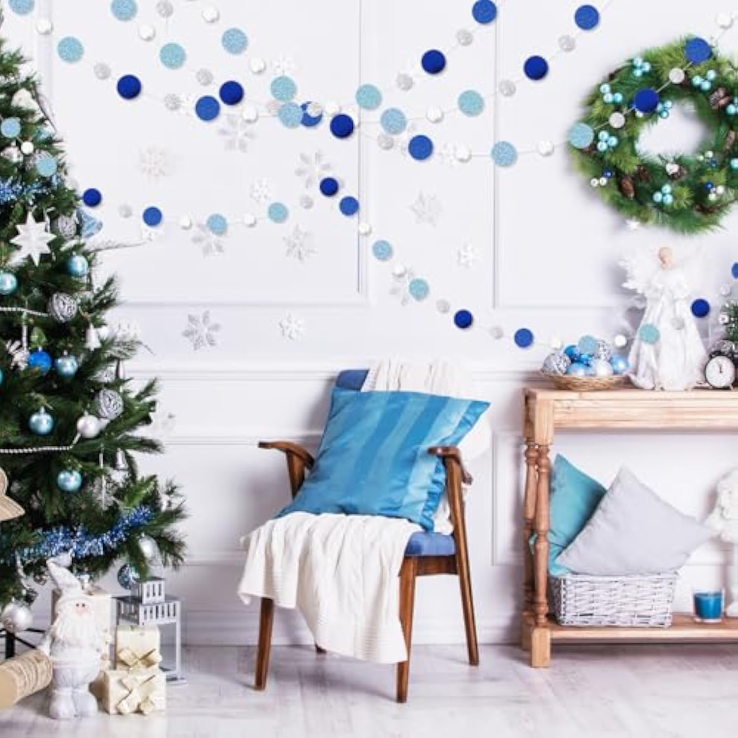 5 Pieces Round Dots Garland Hanging Party Decor Each Length 13.1Ft Glitter Paper Dot Streamers For Birthday Wedding Baby Shower Classroom Halloween Christmas (Silver,Blue)
