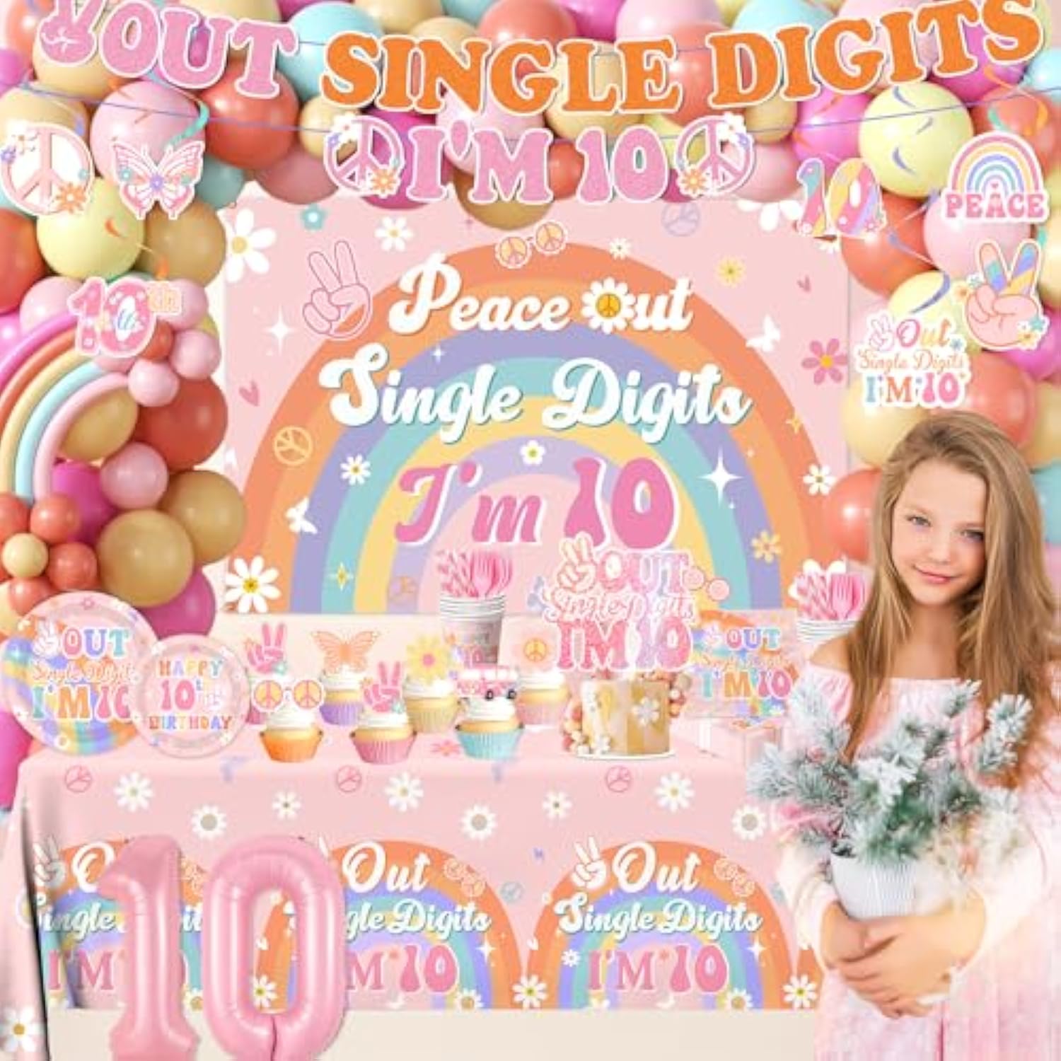 10Th Birthday Decorations For Girl,288Pcs Peace Out Single Digits Party Decor Groovy Double Digits Birthday Girl Plates And Napkin Cups Tablecloth,Cake Topper,Honeycomb Balloon Kit