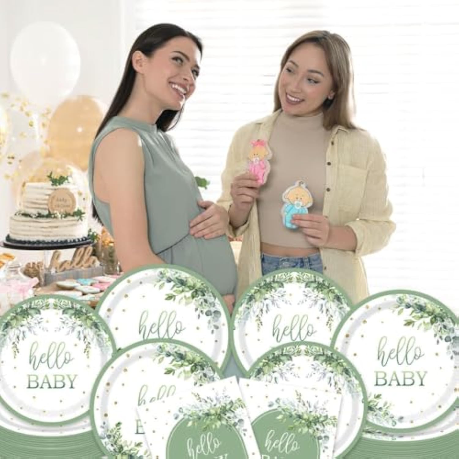 96 Pcs Sage Green Baby Shower Tableware Set, Disposable Party Plates & Napkins for 24