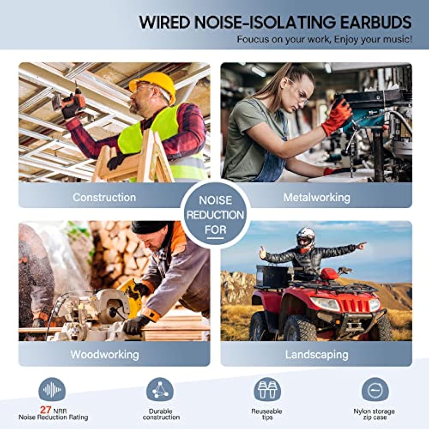 Ear Plug Headphones For Work, Work Safety Earbuds | Noise Reducing Sweatproof Hidden In-Ear Headphones, Isolating Earplugs, Osha Compliant Hearing Protection For Industrial Construction