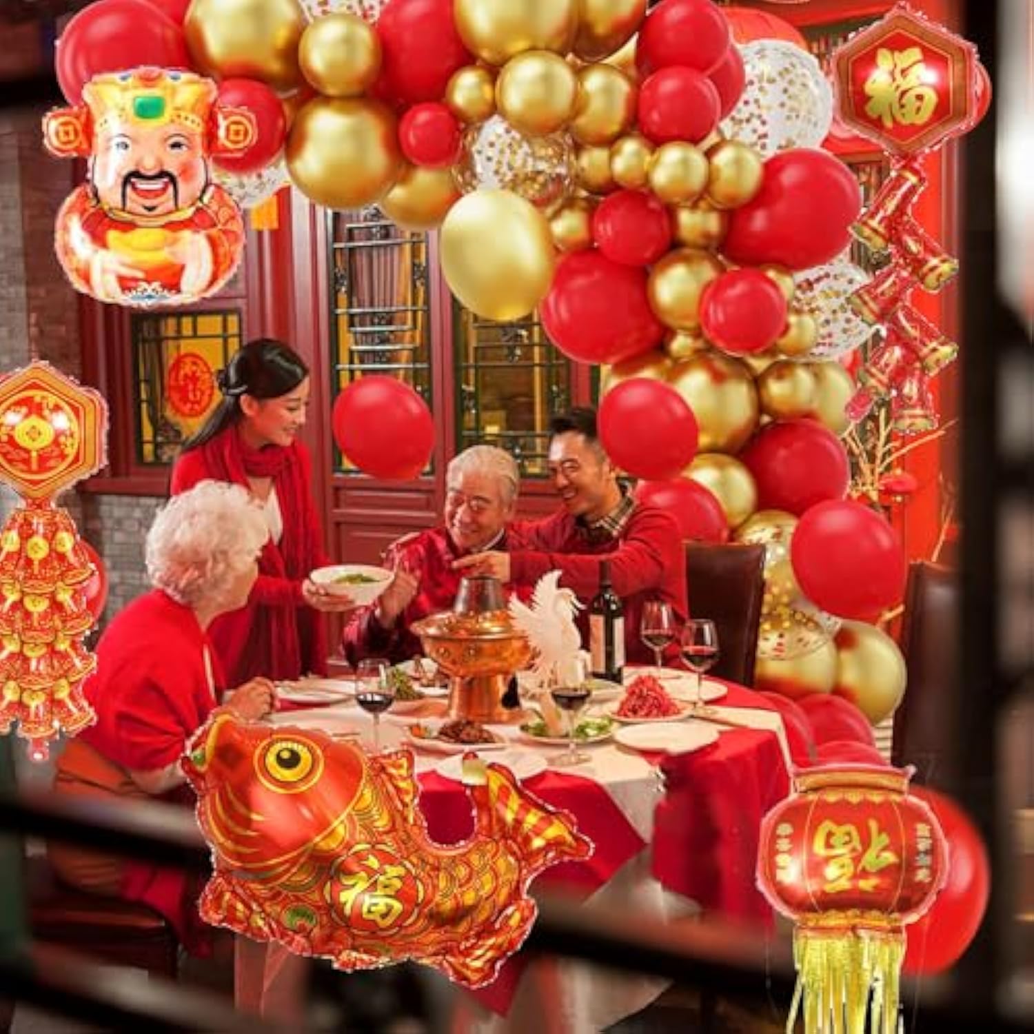 Chinese New Year Balloon Arch Red Gold Metalic Confetti Latex Balloons Lantern Fish Foil Balloons For Spring Festival Year Of The Snake 2026 Chinese New Years Eve Party Decor (Gold)