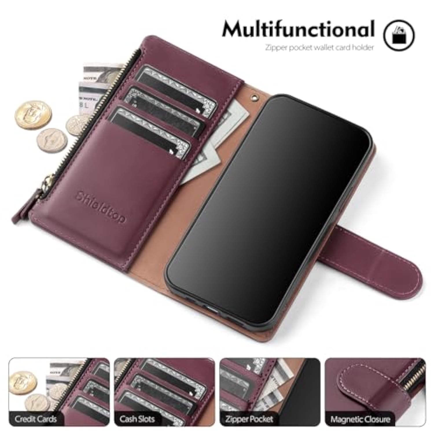 Compatible With Samsung Galaxy A36 5G/A56 5G Wallet Case With Card Holder,Pu Leather Phone Case Flip Protective Cover Wrist Strap Zipper Credit Card Slots Rfid Blocking Women Men,Wine Red