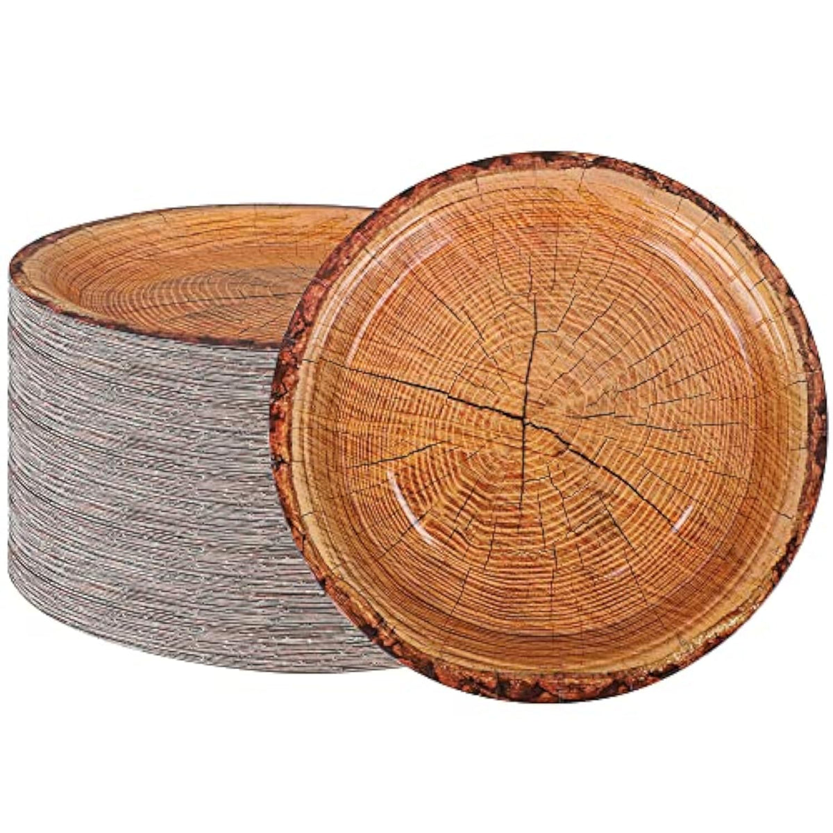 50 Count Wood Grain Paper Plates 9" Rustic Wood Slice Paper Plates Disposable Party Dinner Plate Farmhouse Round Plate For Dining Table Decor Cut Timber Party Supplies