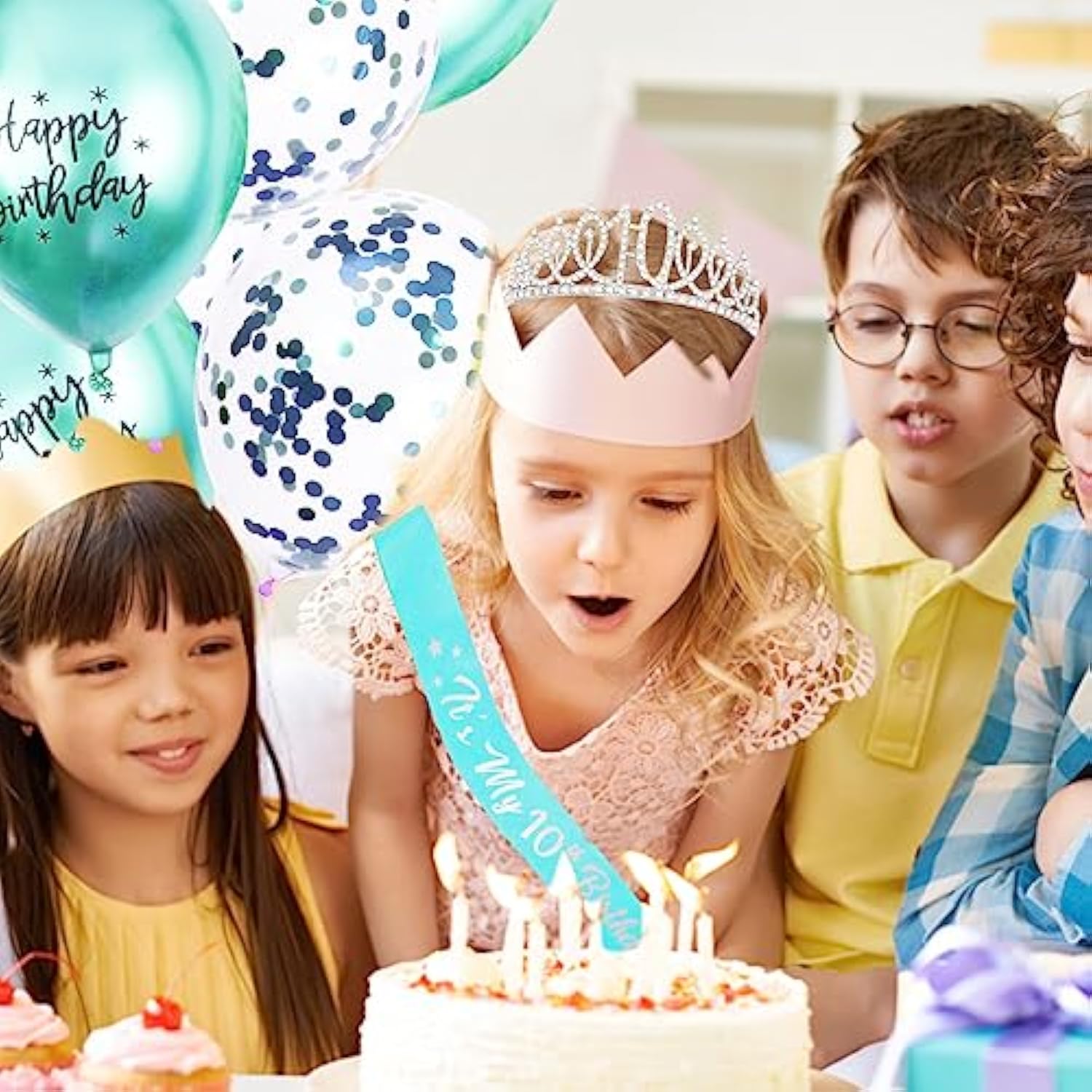 10th Birthday Decorations for Girls, Teal Glitter Sash, Silver Crown, Balloons & More