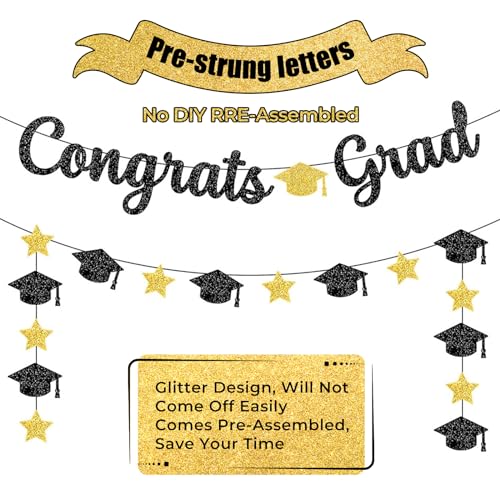 Pre-Strung Graduation Banner Sign, Glitter Congrats Grad Banner, Black Gold