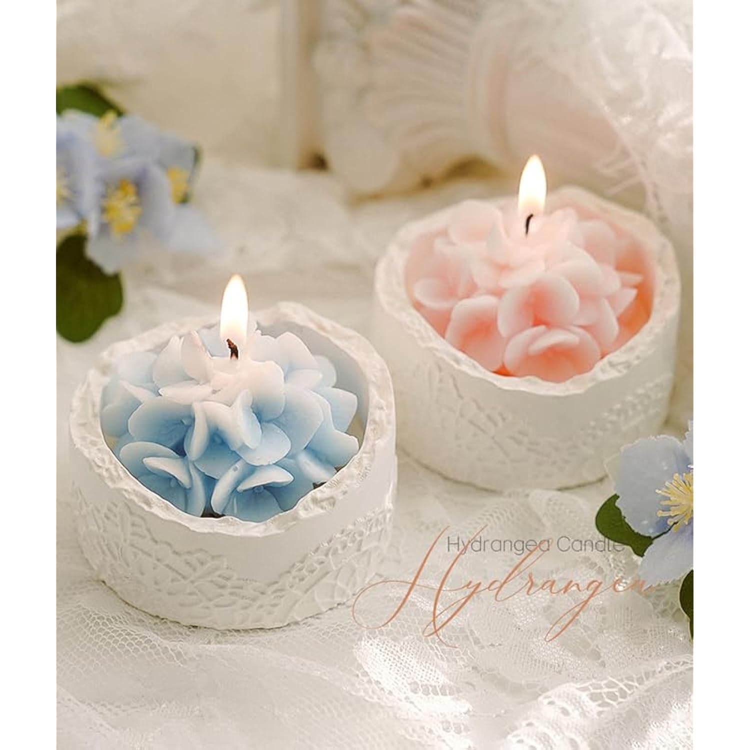 Blue Hydrangea Flower Scented Candle - Decorative Lace Cup Candle, Romantic Floral Candle Gift, Home Fragrance Decor, Spring Summer Decorations, Valentine'S Day Birthday Gifts For Women Mom Wife