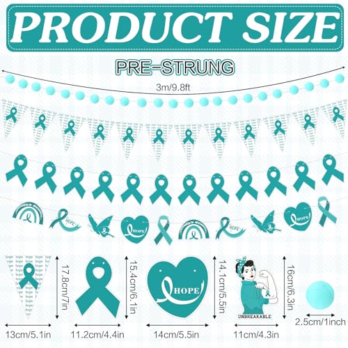 5 Pcs Teal Ribbon Wall Decor, Ovarian Cancer Awareness Banner