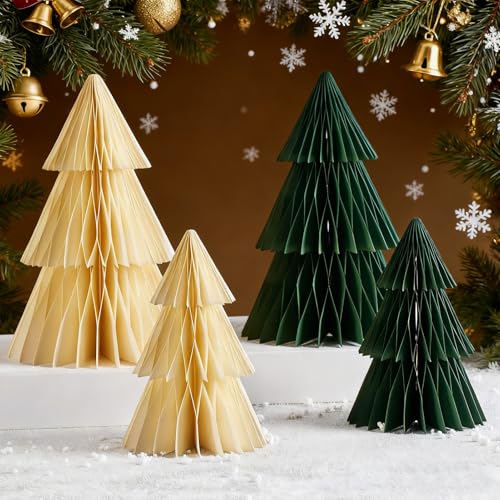 Paper Christmas Tree, 4 Pcs Paper Christmas Ornaments Party Decorations, 3D Honeycomb Xmas Trees, Holiday Home Decor, Christmas Table Centerpiece