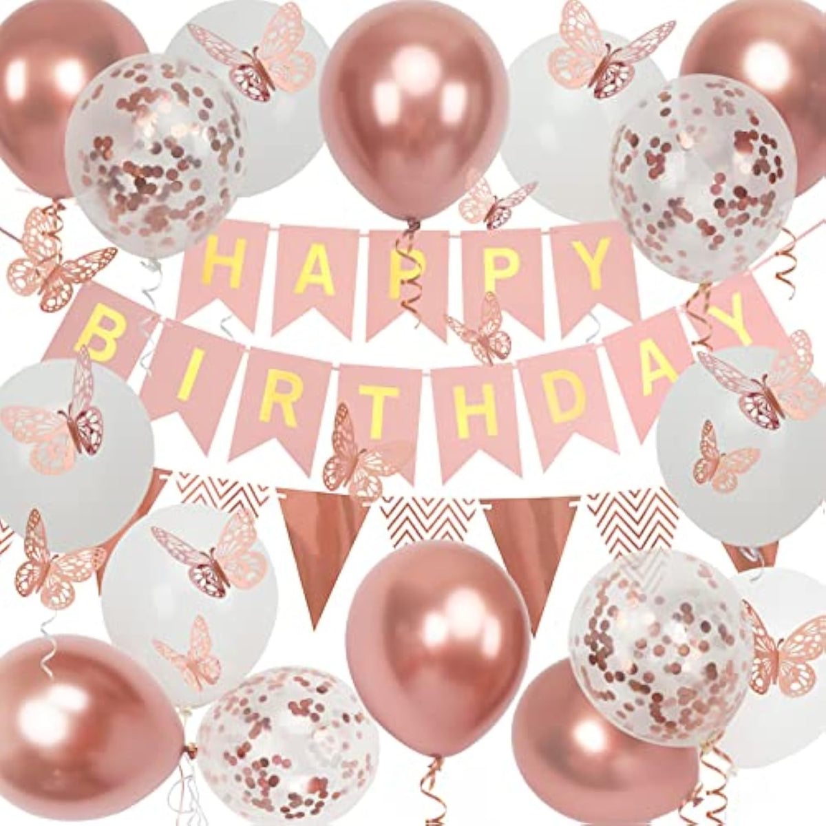 Rose Gold Birthday Decorations for Women and Girls  Balloons, Banner, Flags & Butterfly Accents